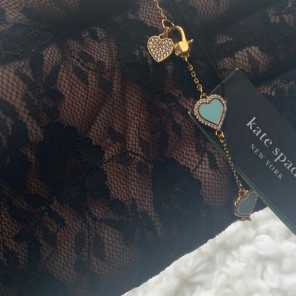 kate spade Gold Bracelet with Mint Heart Charms on Chain - Picture 5 of 8